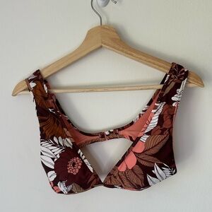 Aerie Bikini Scoop Top Brown Floral Tropical V Neck Sz Medium NWT
